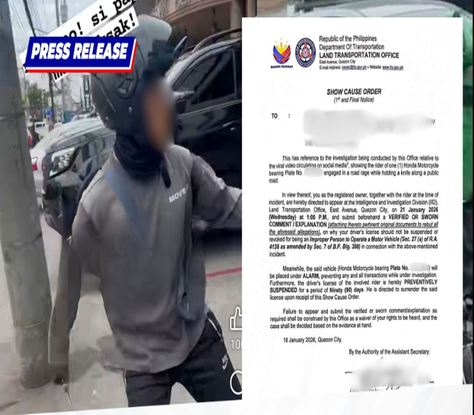 LTO suspends rider’s license after viral road rage knife incident